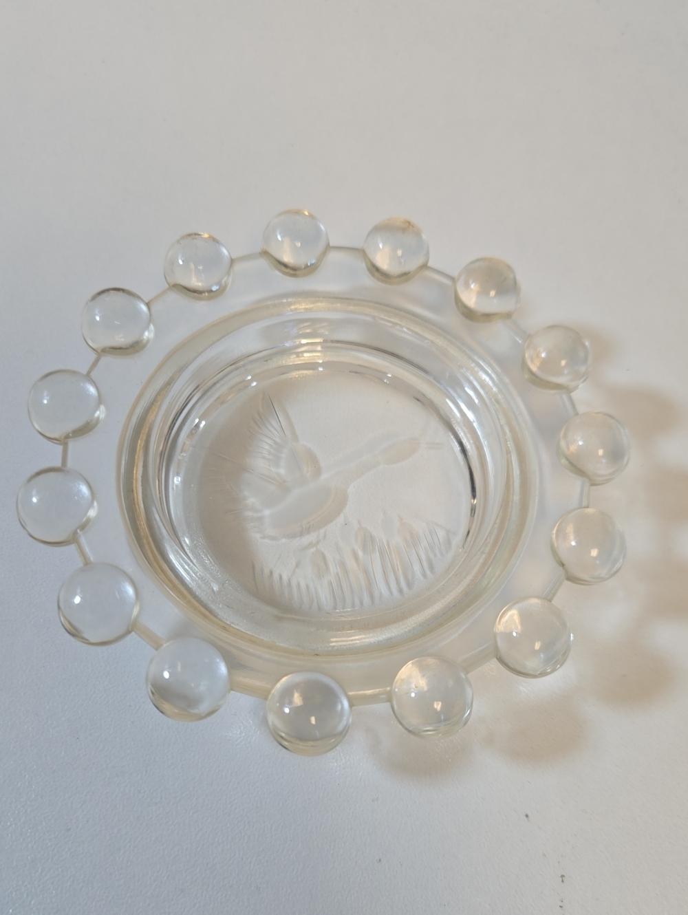 Imperial Glass Candlwick Clear Decorative Dish with Etched Bird and Beaded Edge